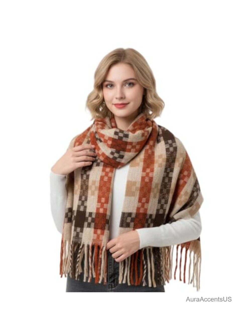 Plaid Cashmere Feel Wool Blend Scarf | Oversized Womens Winter Shawl Wrap